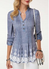 Floral Print Split Neck Crinkle Chest Blouse