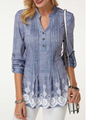 Floral Print Split Neck Crinkle Chest Blouse