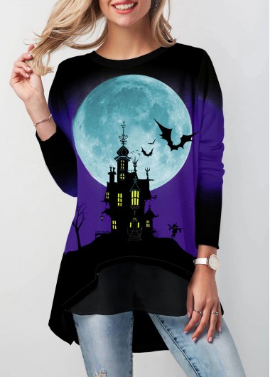 Halloween Women&apos;S Purple Printed Dip Hem T Shirt Long Sleeve Round Neck Tunic Caual Top By Rosewe - XXL