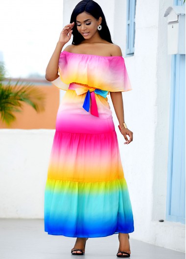 Rosewe Wedding Guest Dress Ruffle Overlay Rainbow Color Printed Maxi Dress - XS