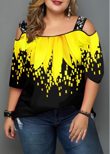 Rosewe Women Yellow Plus Size Cold Shoulder Plus Size Tunic T Shirt Sunflower Print Strappy Short Sleeve Casual Top - 3X