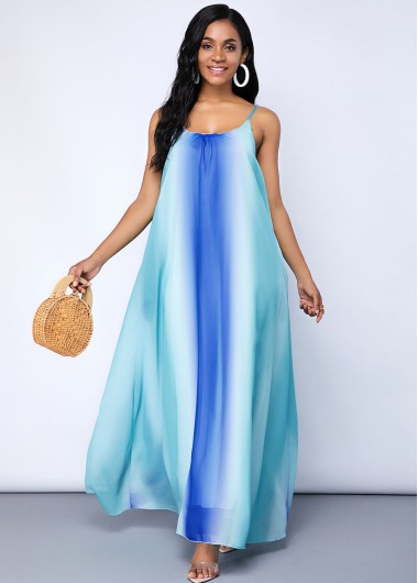 Rosewe Cocktail Party Dress Pocket Tie Dye Print Spaghetti Strap Maxi Dress - M