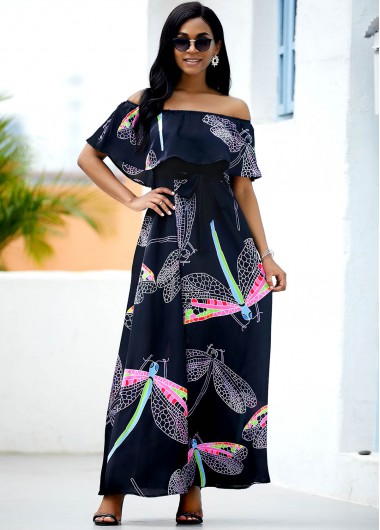Rosewe Black Dresses Dragonfly Print Off the Shoulder Belted Dress - L