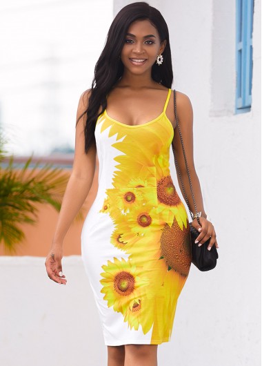 Rosewe Women Sunflower Printed Back Slit Spaghetti Strap Sheath Summer Dress Midi Casual Beach Dress - L