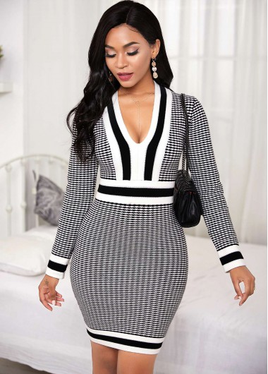 Rosewe Black Dresses Houndstooth Print Plunging Neck Contrast Sweater Dress - XL