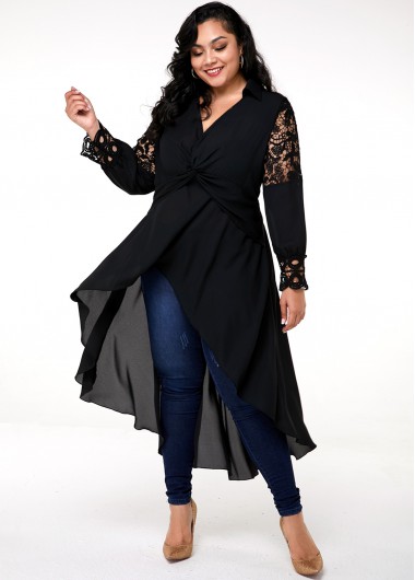 Rosewe Lace Panel Cocktail Hem Plus Size Blouse - 4X