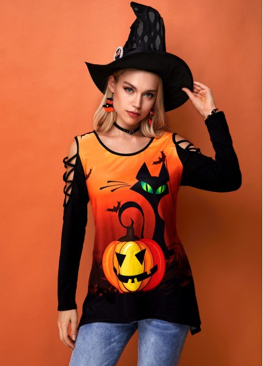 Rosewe Strappy Shoulder Round Neck Halloween Print Tunic Top - S