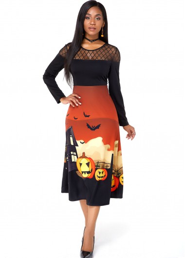 Rosewe Black Dresses Mesh Panel Halloween Crazy Pumpkin Long Sleeve Dress - XS