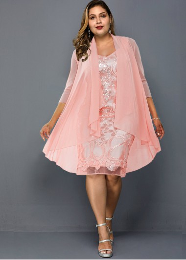 Rosewe Women Pink Plus Size Chiffon Dress Solid Color Two Piece Sheath Flowy Three Quarter Sleeve Cocktail Party Dress - 3X
