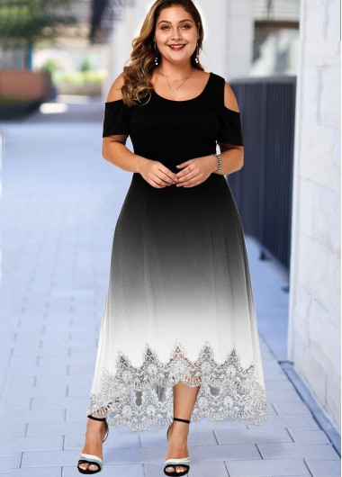 Women&apos;S  Plus Size Cocktail Party Dress Color Block Ombre Dip Dye Cold Shoulder High Waisted Lace Panel Maxi High Low Dressby Rosewe - 3X