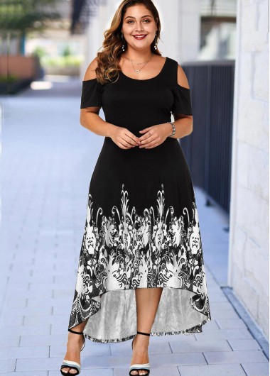 Rosewe Women Black Floral Printed Cold Shoulder Plus Size Cocktail Party Dress High Low Short Sleeve Asymmertric Hem Maxi Elegant Dress - 1X