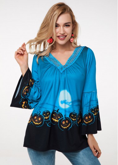 Rosewe V Neck Halloween Crazy Pumpkin Flare Sleeve T Shirt - M