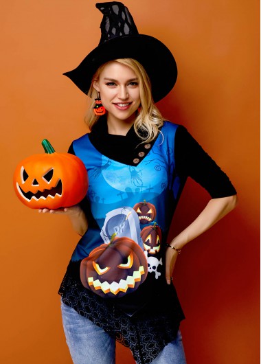 Rosewe Lace Panel Asymmetric Hem Halloween Crazy Pumpkin Tunic Top - S