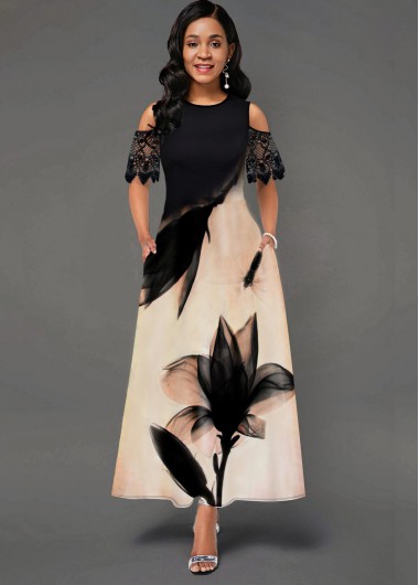 Rosewe Women&apos;S Black And White Vintage Cocktail Party Dress Color Block Cold Shoulder Lotus Printed Half Sleeve Lace Panel Maxi Casual Dress By -