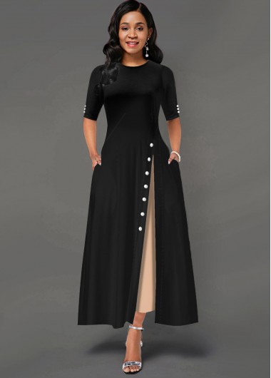 Rosewe Women Black Short Sleeve Vintage Maxi Dress With Side Pockets Inclined Button Contrast Elegant Dress - M
