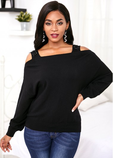Rosewe Trendy Black Cold Shoulder Long Sleeve Sweater - S