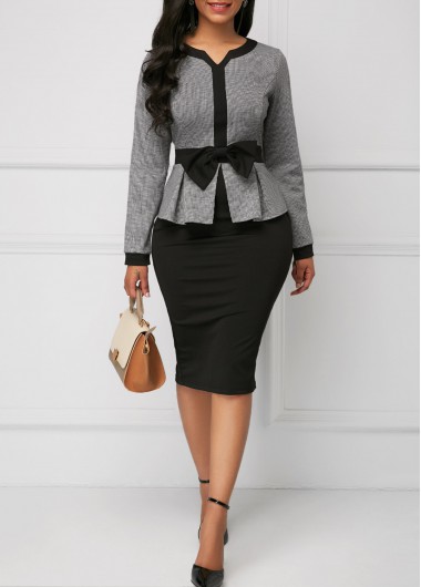 Rosewe Cocktail Party Dress Bowknot Faux Two Piece Long Sleeve Dress - M