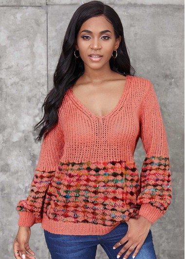 Rosewe Trendy Rainbow Color Lantern Sleeve V Neck Sweater - S