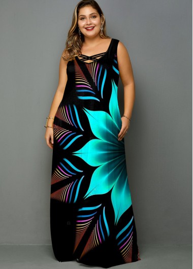 Rosewe Flower Print Wide Strap Plus Size Maxi Dress - 1X