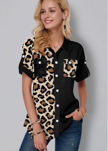 Chest Pocket Leopard Print Button Up Blouse