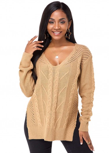 Rosewe Trendy Long Sleeve V Neck Side Slit Sweater - S