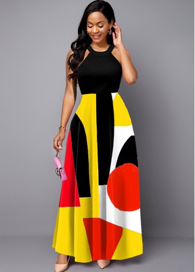 Rosewe Women Geometric Printed Sleeveless Bib Neck Maxi Vintage Dress Belted Elegant Cocktail Party Dress - XL