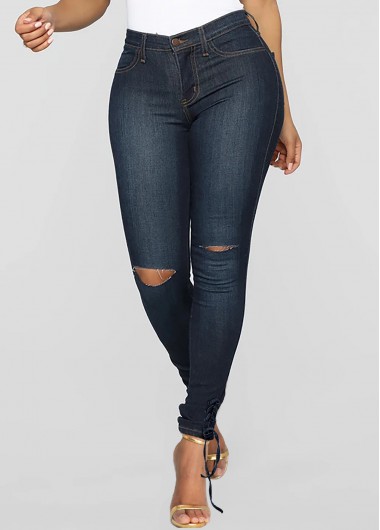 Rosewe Pocket Shredded Grommet Lace Up Jeans - S