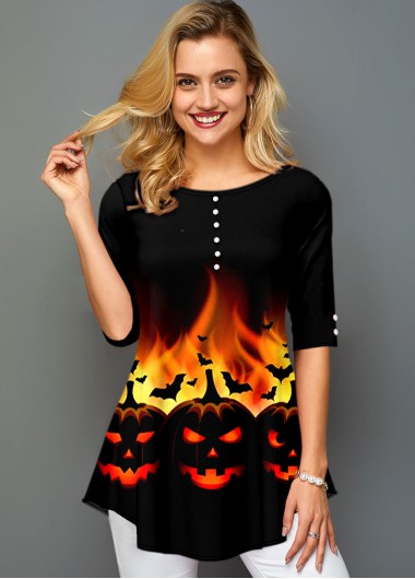 Rosewe Round Neck Half Sleeve Halloween Print T Shirt - S