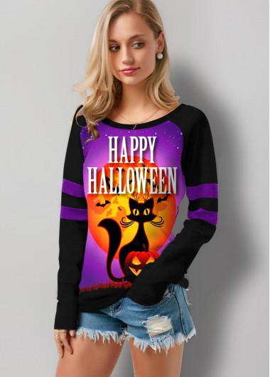 Rosewe Long Sleeve Halloween Print Round Neck T Shirt - XS