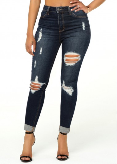 Rosewe Mid Waist Shredded Roll Hem Pocket Jeans - L