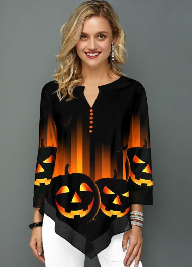 Rosewe Asymmetric Hem Split Neck Halloween Print Blouse - S