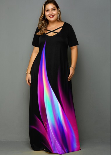 Rosewe Rainbow Print Side Pocket Plus Size Maxi Dress - 1X