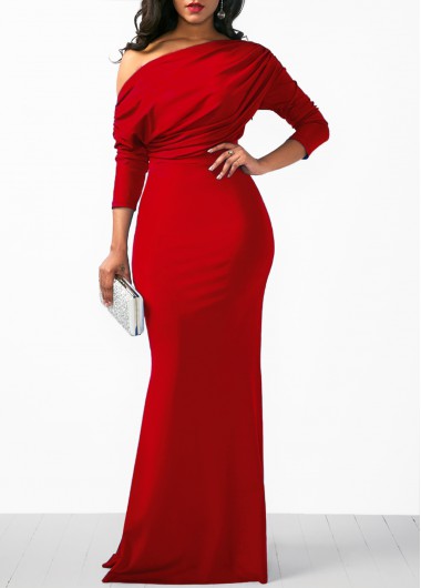 Women&apos;S Red Skew Neck Long Sleeve Holiday Cocktail Party Dress  Solid Color Sheath High Waisted Maxi Elegant Dress By Rosewe - S