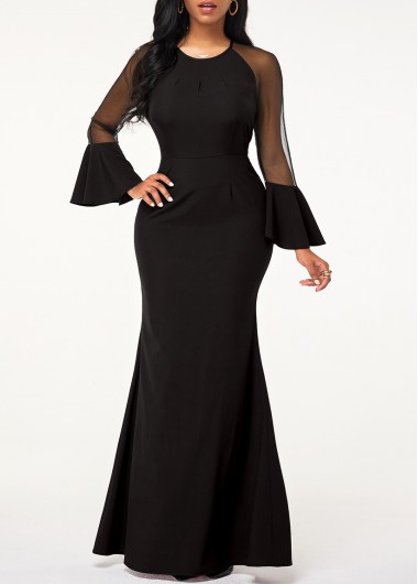 Rosewe Black Dresses Mesh Panel Flare Sleeve Mermaid Dress - S