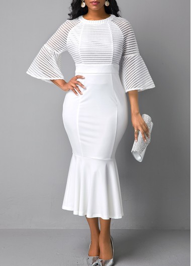 Women&apos;S White Crochet Flare Sleeve Mermaid Hem Sheath Cocktail Party Dress Solid Color Three Quarter Sleeve Midi Dress By Rosewe - S