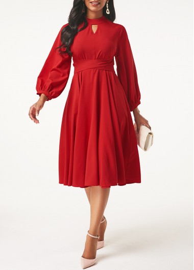 Rosewe Red Mock Neck Lantern Sleeve A Line Holiday Dress Solid Color Three Quarter Sleeve Keyhole Neckline Midi Work Dress Red Lantern Sleeve - XL