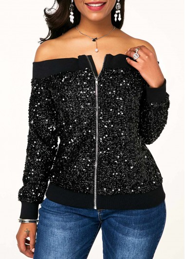 Rosewe Women Sweatshirt Black Sequin Off The Shoulder Long Sleeve - XS