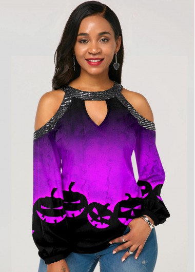Rosewe Cold Shoulder Keyhole Neckline Halloween Print T Shirt - M