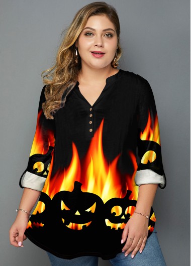 Rosewe Halloween Print Split Neck Plus Size Blouse - 2X
