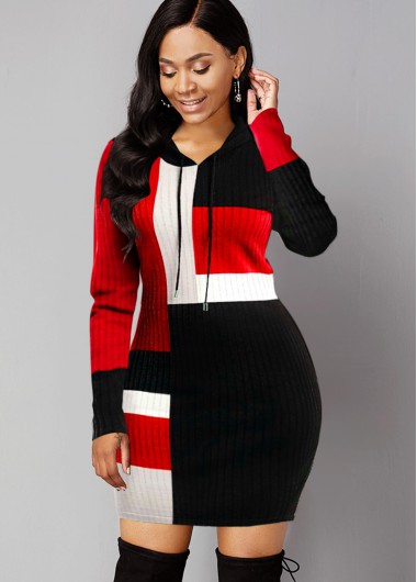 Rosewe Red Dresses Hooded Collar Contrast Long Sleeve Sweater Dress - XXL