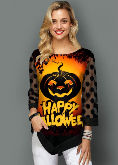 Rosewe Halloween Print Asymmetric Hem Mesh Panel T Shirt - L