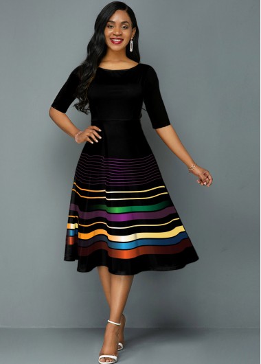 Women&apos;S Black A Line Stripe Print Casual Fall Dress Half Sleeve Round Neck Midi Dress By Rosewe - XL