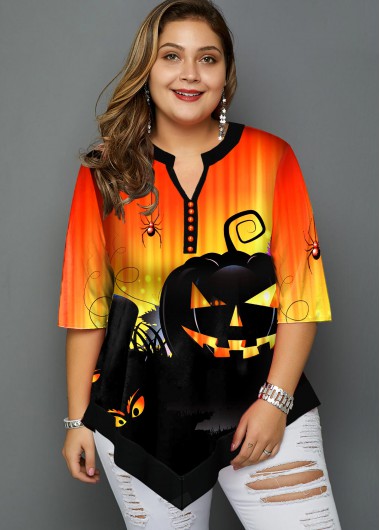 Rosewe Halloween Print Asymmetric Hem Plus Size Blouse - 1X