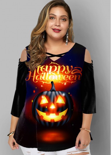 Rosewe Halloween Print Cold Shoulder Plus Size T Shirt - 1X