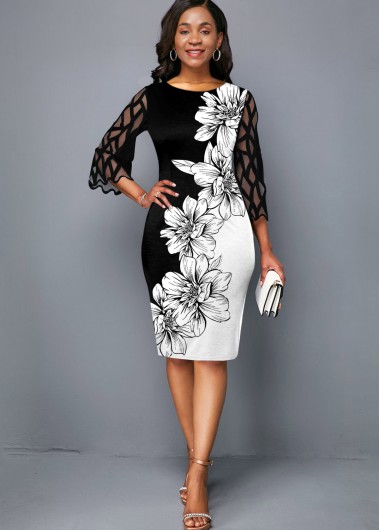 Rosewe Black Dresses Round Neck Floral Print Mesh Panel Dress - XL
