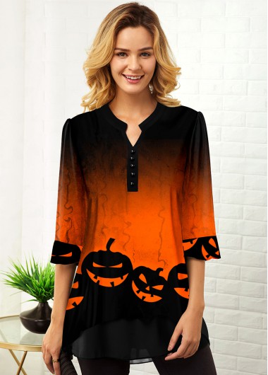 Rosewe Halloween Print Three Quarter Sleeve Ombre Blouse - XS
