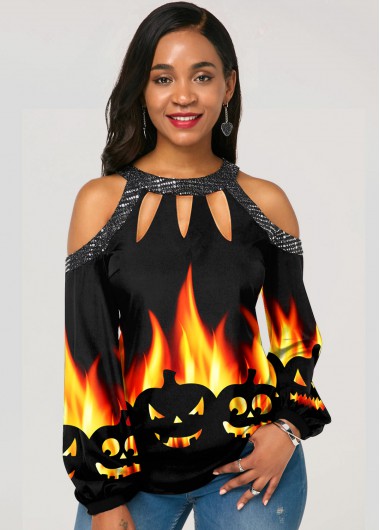 Rosewe Cold Shoulder Sequin Detail Halloween Print T Shirt - XS