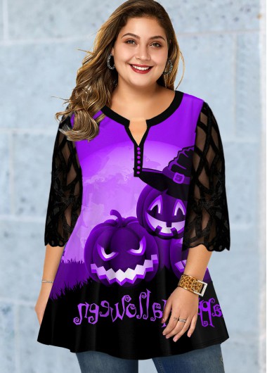 Rosewe Mesh Panel Halloween Print Plus Size Blouse - 2X