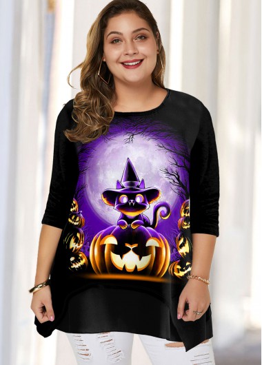 Rosewe Halloween Print Long Sleeve Plus Size T Shirt - 1X