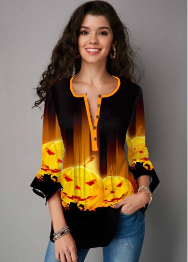 Rosewe Round Neck Halloween Print Hanky Cuff Blouse - XS